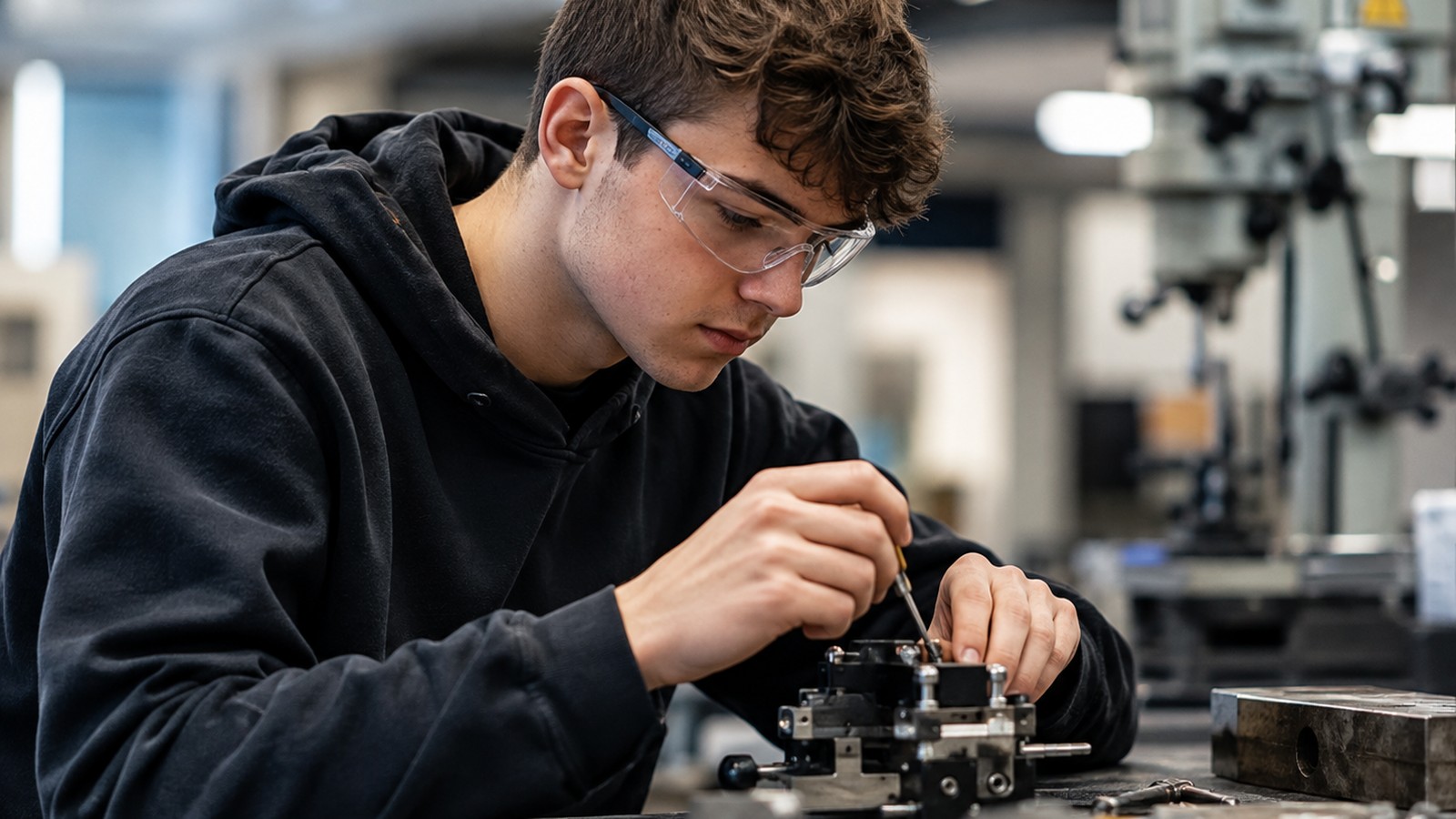 Young apprentice learning practical skills in a workshop